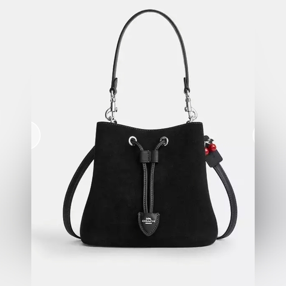 Coach Rowan Bucket Bag In Suede With Cherry Charm